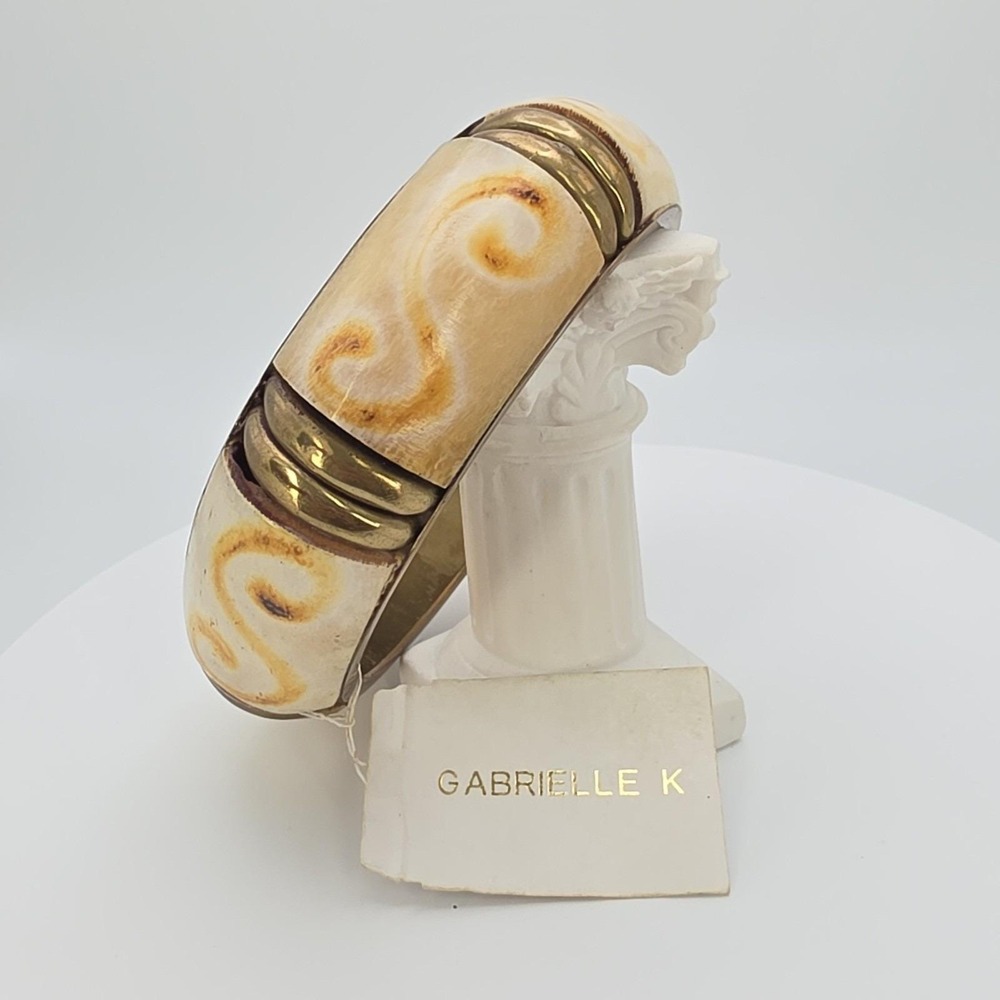 New! GABRIELLE K Bone Bracelet Bangle Brass Burned Scrollwork 8" Old Stock